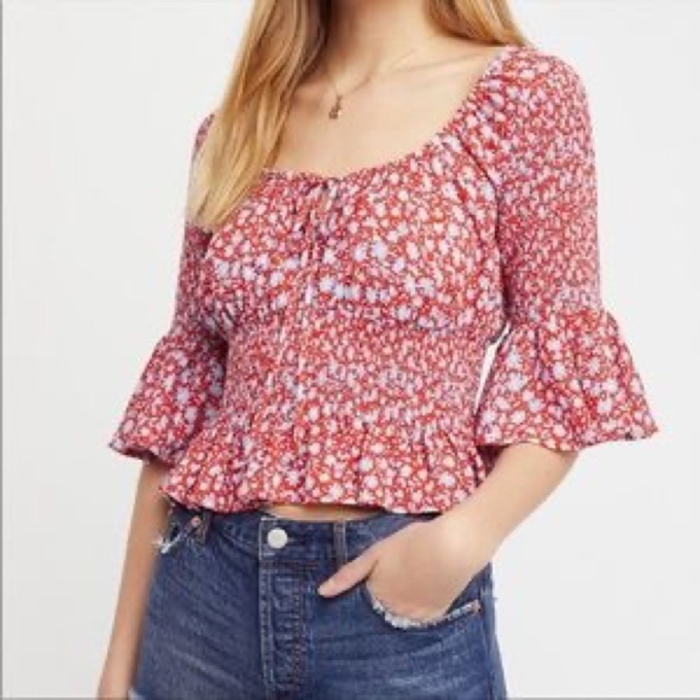 Free People A Bit Of Something Sweet Blouse Smocked Floral Peasant Boho Top XS
